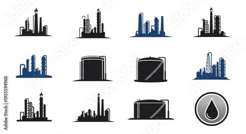 Collection of industrial factory and oil storage tank icons.