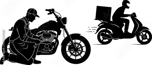 Motorcycle mechanic repairing classic bike, scooter delivery rider with helmet, carrying box, black-and-white silhouette illustration, transportation, maintenance, courier service, occupational tasks