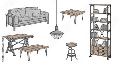 Industrial style furniture collection sketch drawing.