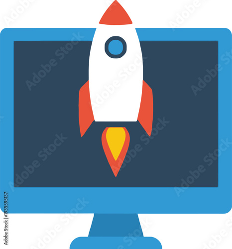Rocket Launch from Computer Screen – Startup Business Launch Concept Flat Vector Illustration