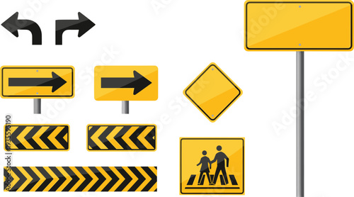 Yellow road warning signs, traffic direction arrows, chevron hazard markers, pedestrian crossing symbol, blank signboard, highway safety guidance isolated vector collection