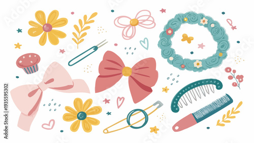 Cute feminine hair accessories vector set with flowers bows comb pins and decorative elements on white background