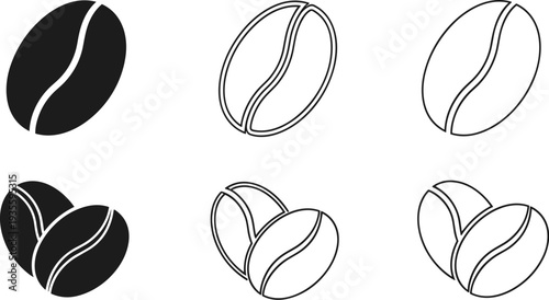 Coffee bean icon set, roasted coffee beans vector illustration, caffeine symbol for cafe logo, espresso bean silhouette, linear and flat style design elements for branding.