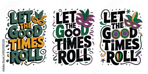 Mardi Gras typography posters with colorful masks and confetti designs