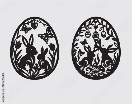 Easter egg silhouette set with bunnies, butterflies and flowers for laser cutting