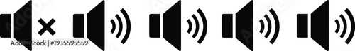 Set of audio speaker volume icons featuring mute and sound level levels in black silhouette styles for multimedia player interface web design and projects.