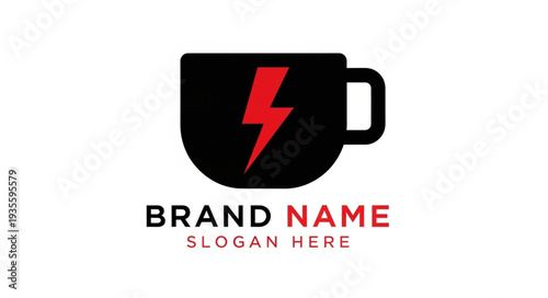 Black Coffee Cup Logo with Red Lightning Bolt Symbol.