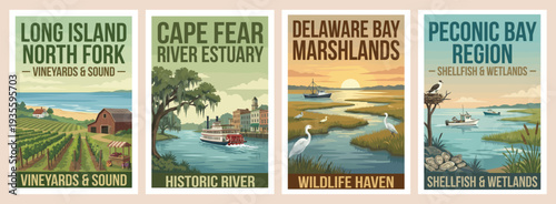 Vintage USA travel poster set. Including delaware bay marshlands, cape fear river, long island vineyards, and peconic bay. Retro wetlands vector illustration.