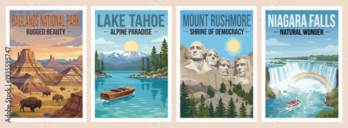 Vintage USA travel poster set. Including lake tahoe, mount rushmore, badlands, and niagara falls landmarks. Retro national park vector illustration.