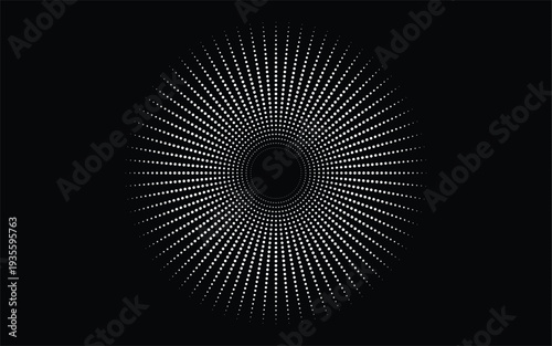 Abstract circular halftone dot sound wave, radial audio spectrum visualization pattern on dark background for music technology, digital sound and modern design