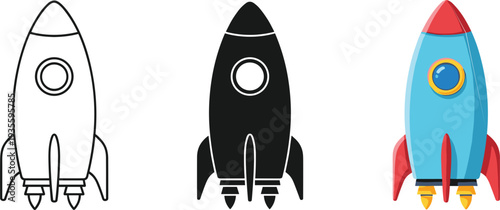 Rocket illustration vector collection, outline silhouette colored design, space launch symbol, spacecraft technology graphic, aerospace innovation art, exploration science concept
