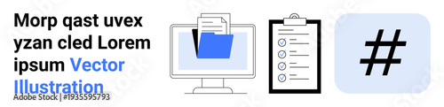Computer screen with folder, document, checklist on clipboard, and metadata tag. Ideal for organization, productivity, technology, task management, content strategy workflow simple landing page