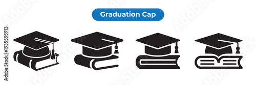 Black mortarboard graduation hat symbol collection for education design