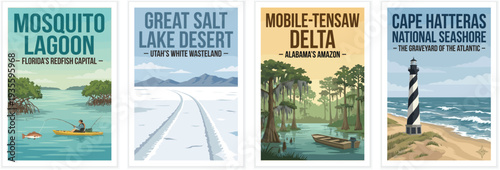 Vintage usa travel poster set. Including mosquito lagoon florida, mobile-tensaw delta, cape hatteras nc, and great salt lake desert utah. Retro illustration.