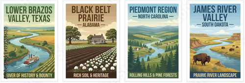 Vintage usa travel poster set. Including black belt prairie, piedmont north carolina, brazos valley texas, and james river valley. Retro vector illustration.