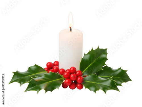 White candle with holly and red berries isolated on transparent background