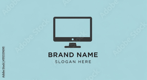 Simple Computer Monitor Icon on Light Blue Background Template.