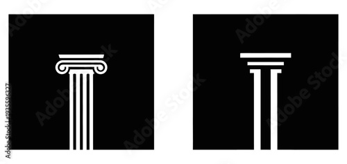 Ancient Greek column icons in a minimalist white flat style | Classic architectural pillars on black square backgrounds | Vector set for legal or history design