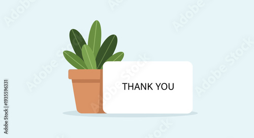Potted Plant Beside a 'Thank You' Card Isolated on a Light Blue Background
