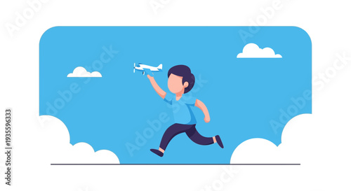 Joyful child running with toy airplane across a bright blue sky with clouds