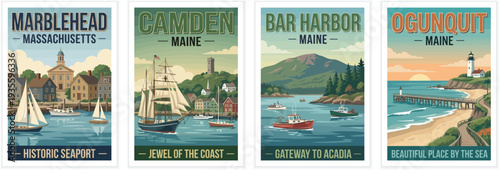 Vintage USA travel poster set. Including marblehead seaport, camden coastal town, bar harbor bay, and ogunquit lighthouse scenes. Retro vector illustration.