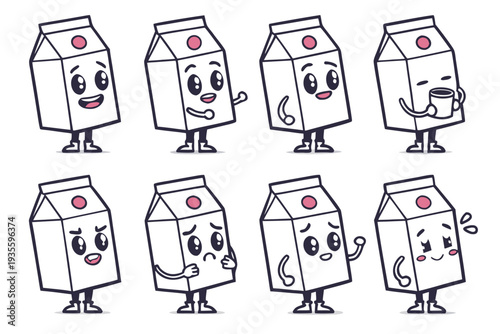 Milk Carton Character Animation Sprite Sheet Sticker Vector Set