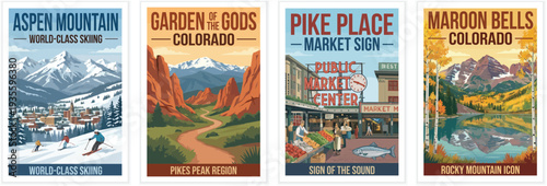 Vintage USA travel poster set. Featuring aspen mountain skiing, garden of the gods, public market sign, and maroon bells lake. Retro vector illustration.
