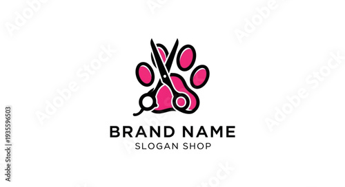 Pet Grooming Salon Logo Design with Scissors and Paw Print.