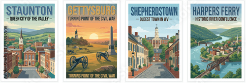 Vintage USA travel poster set. Including staunton valley, gettysburg battlefield, shepherdstown town, and harpers ferry river. Retro vector illustration.