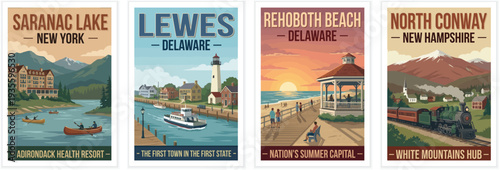 Vintage USA travel poster set. Including saranac lake adirondack resort, lewes delaware coast, rehoboth beach, and north conway. Retro vector art.