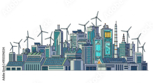 Sustainable City with Wind Turbines.