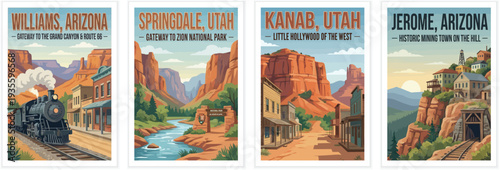 Vintage USA travel poster set. Including williams grand canyon train, springdale zion gateway, kanab utah red rocks, and jerome mining town. Retro vector illustration.