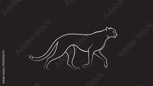 Elegant silhouette of a lone big cat walking in profile against a dark background.