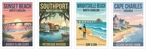 Vintage travel posters of Sunset Beach, Southport, Wrightsville Beach, and Cape Charles. Retro vector illustration of scenic piers, surfing, and coastlines.