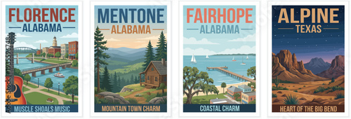 Vintage travel poster set featuring Florence, Mentone and Fairhope, Alabama. Alpine, Texas with mountain, coastal and desert landscapes and scenery.