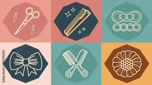 Vector icons of hair accessories and tools for beauty salon including scissors combs clips and bow