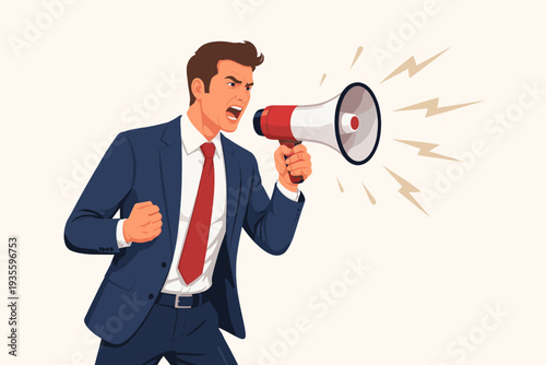 Angry Businessman Shouting into Megaphone for Loud Announcement and Communication, Aggressive Male Leader in Suit Sending Message, Protest or Marketing Concept Isolated Vector Illustration