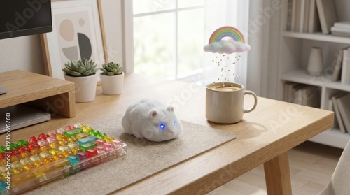 Surreal Whimsical Office Desk with Puffy Hamster Mouse and Gummy Bear Keyboard