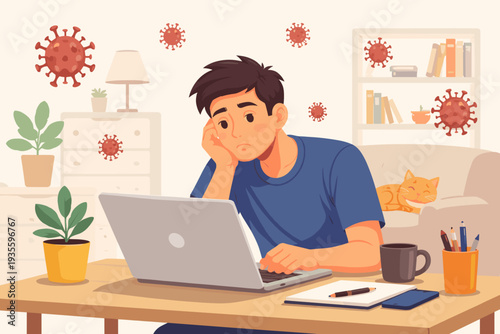 Sad Young Man Working Remotely from Home During COVID-19 Pandemic, Feeling Bored and Unproductive at Desk with Laptop, Cat, and Virus Symbols, Concept of Isolation and Social Distancing Stress.
