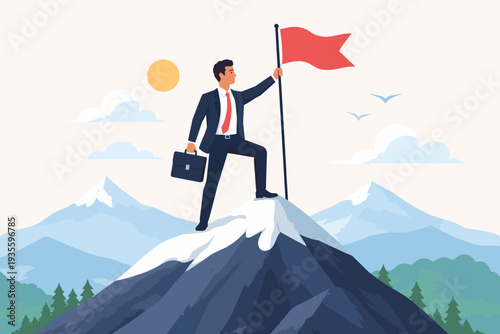 Businessman standing on top of a mountain peak holding a red flag and briefcase, representing success, achievement, leadership, and reaching business goals in a flat vector illustration style.