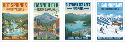 Vintage travel poster set featuring Hot Springs, Banner Elk, and Sugar Mountain, North Carolina. Clayton, Georgia with mountain, lake and ski resort scenery.