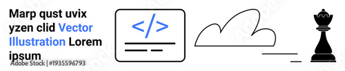 Software development, technology, strategy, creativity, decision-making, cloud services. Visuals include coding symbol, cloud icon and a chess king piece. Software development and cloud services