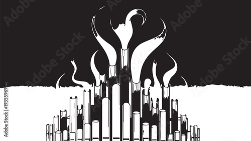 Stylized city skyline with flames and bold monochrome contrast in abstract vector artwork.