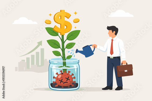 Businessman watering a money tree growing from a dead coronavirus cell, symbolizing economic recovery, financial market growth, and business prosperity after the global pandemic crisis.