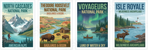 Vintage usa travel poster set. Including north cascades, theodore roosevelt, voyageurs, and isle royale national park. Retro vector illustration.