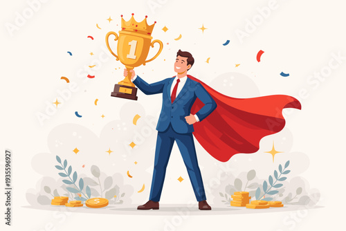 Successful Businessman Wearing Red Superhero Cape Holding Large Golden Trophy with Crown, Celebrating Business Victory, Achievement, Leadership, and Career Success, Winner Concept Vector Illustration