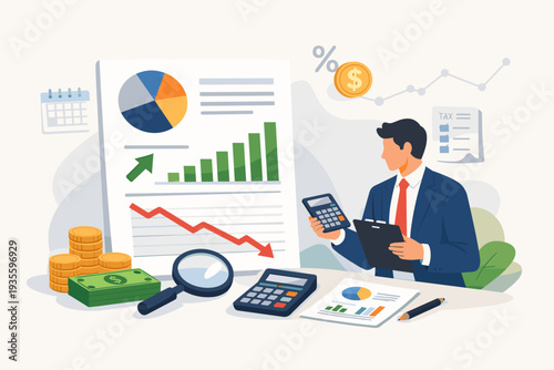 Businessman Analyzing Financial Statement with Charts and Graphs, Calculating Budget, Expenses, Profit and Loss Report for Tax Audit, Accounting Data Analysis with Money and Calculator Vector.