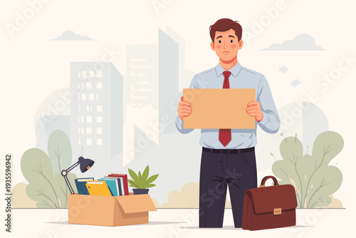 Sad Unemployed Businessman Holding Blank Cardboard Sign for Job Search After Layoff, Fired Employee with Office Belongings in Box and Briefcase Seeking New Career Opportunity, Vector Design