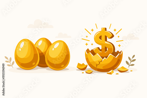 Golden eggs with a dollar sign hatching from one, representing investment growth, dividends, stock market profit, financial success, wealth creation, retirement savings, and passive income.