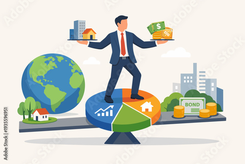 Businessman Balancing Global Investment Portfolio with Asset Allocation on Pie Chart Seesaw, Managing Stocks, Bonds, Real Estate, and Cash for Financial Growth and Risk Management.